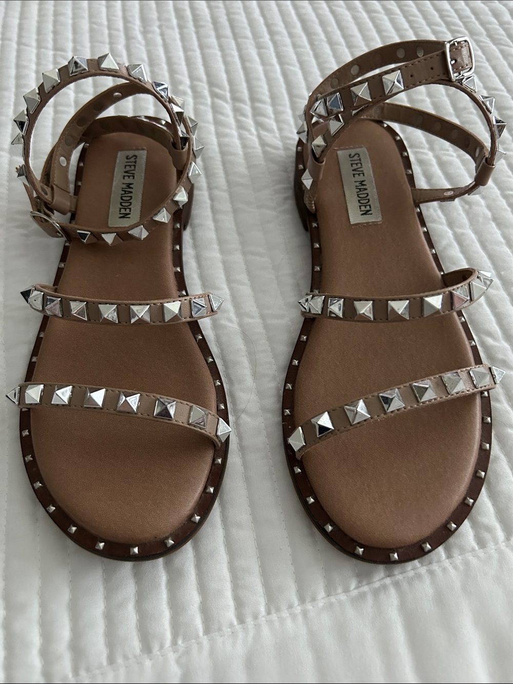 Steve Madden Brown Leather Studded Ankle-Strap Sandals